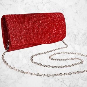 Red Rhinestone Clutch w/ Detach Chain Strap | Sparkly Evening Bag Glam Statement